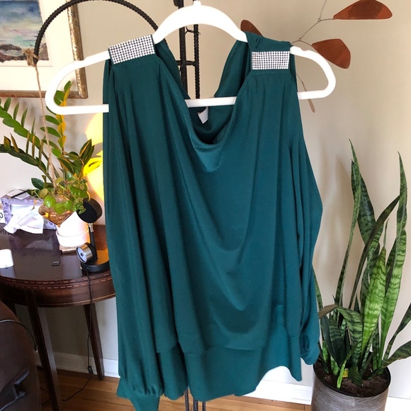 Dress Barn Tops - Emerald Green Rhinestone Detail Cold-Shoulder Long Sleeve Blouse